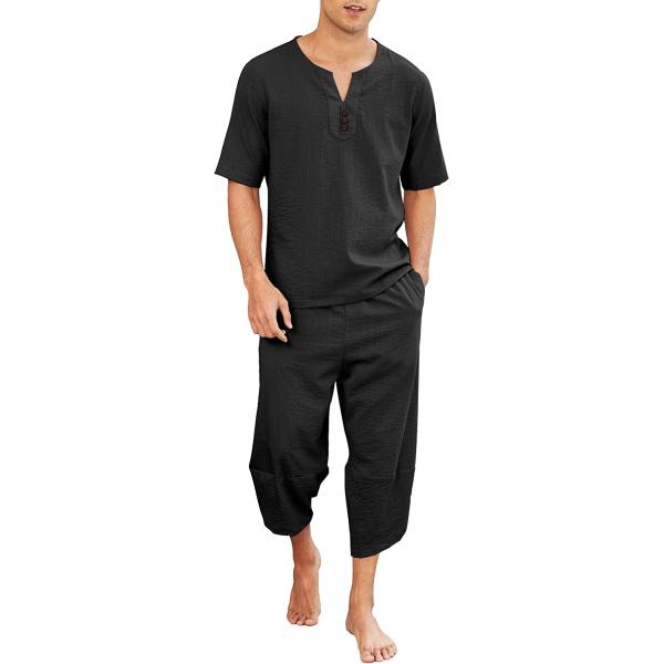 COOFANDY Men's 2 Pieces Linen Set Henley Shirt Short Sleeve and Harem Capri Pants Wide Leg Baggy Beach Yoga Trousers Outfits