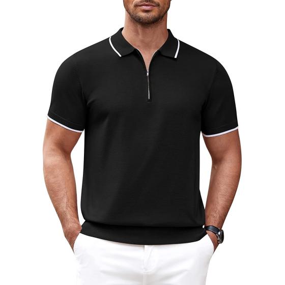 COOFANDY Men's Zipper Polo Shirt Casual Knit Short Sleeve Polo T Shirt Classic Fit Shirts