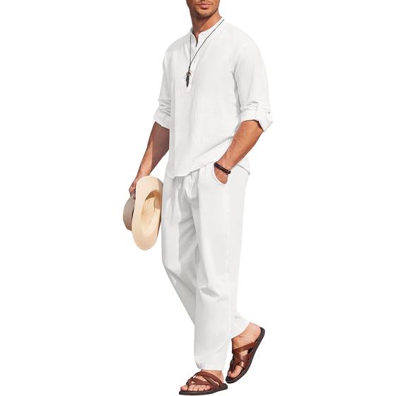COOFANDY Men's 2 Pieces Cotton Linen Set Long Sleeve Henley Shirts Casual Beach Pants With Pockets Summer Yoga Outfits