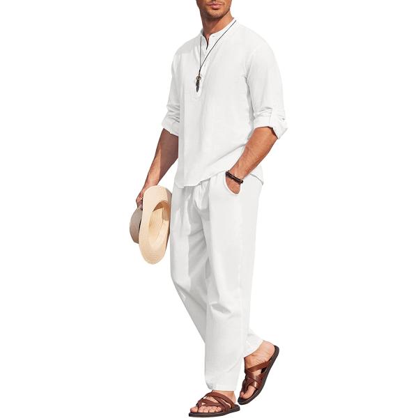 COOFANDY Men's 2 Pieces Cotton Linen Set Long Sleeve Henley Shirts Casual Beach Pants With Pockets Summer Yoga Outfits
