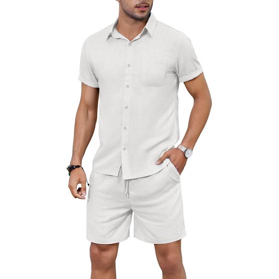 COOFANDY Men 2 Piece Linen Set Casual Short Sleeve Shirt and Short Beach Set