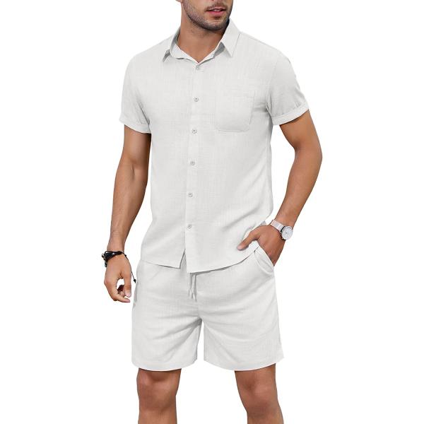 COOFANDY Men 2 Piece Linen Set Casual Short Sleeve Shirt and Short Beach Set