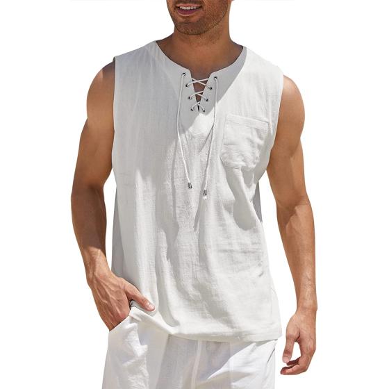 COOFANDY Men's Cotton Linen Tank Top Shirts Casual Sleeveless Lace Up Beach Hippie Tops Bohemian Renaissance Pirate Tunic