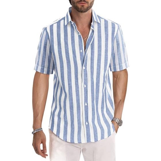 JMIERR Men's Casual Stylish Short Sleeve Button-Up Striped Dress Shirts Cotton Shirt