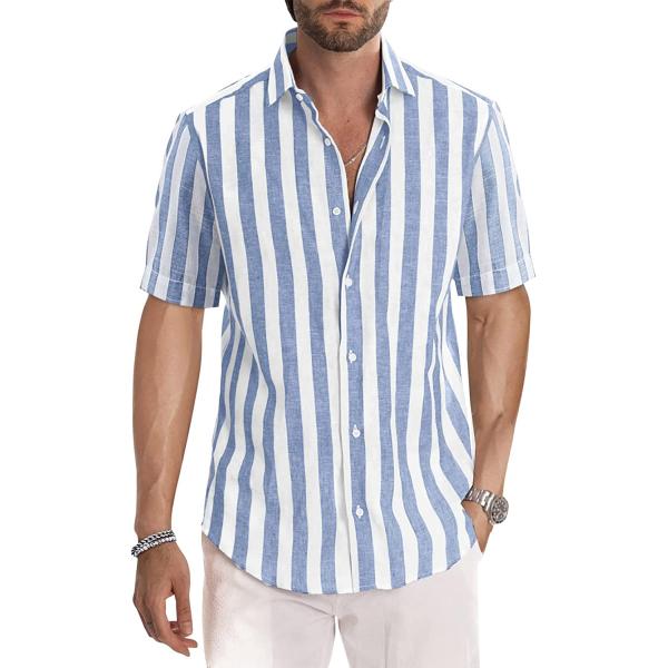 JMIERR Men's Casual Stylish Short Sleeve Button-Up Striped Dress Shirts Cotton Shirt