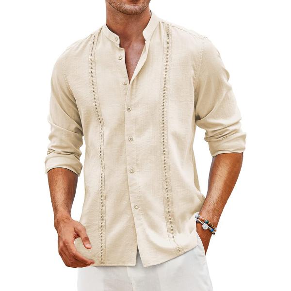 COOFANDY Men's Cuban Guayabera Shirts Linen Casual Long Sleeve Button Down Shirt Band Collar Summer Beach Tops