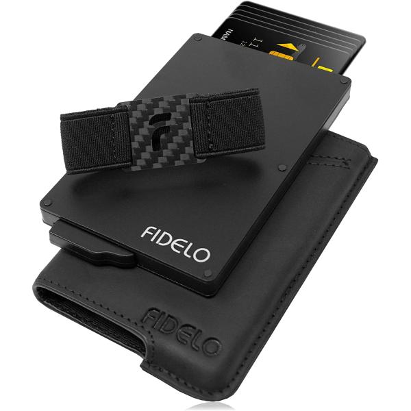 Fidelo Minimalist Wallet for Men - RFID Blocking Pop up Wallet Credit Card Holder, Slim Wallet for Men 6063 Aluminum Wallet with a Card Clip Holder with a Removable Leather Case - Black Crazy Horse