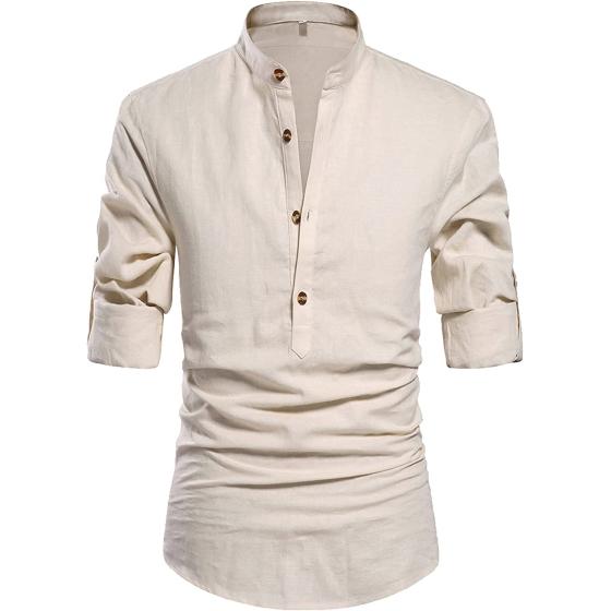 NITAGUT Men Henley Neck Long Sleeve Daily Look Linen Shirts