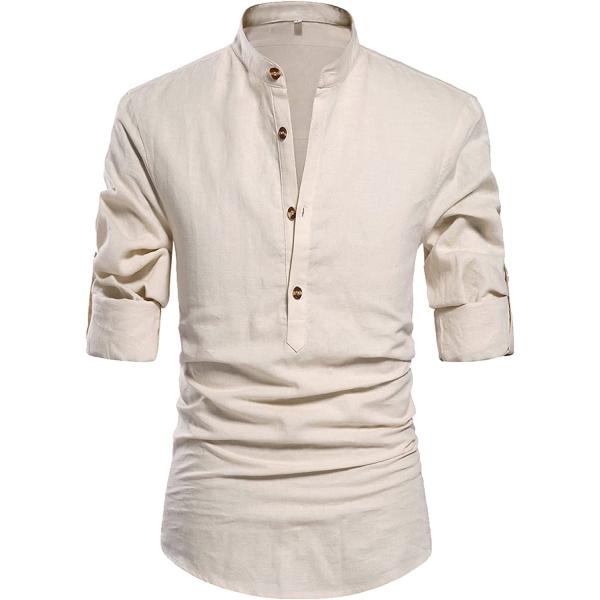 NITAGUT Men Henley Neck Long Sleeve Daily Look Linen Shirts