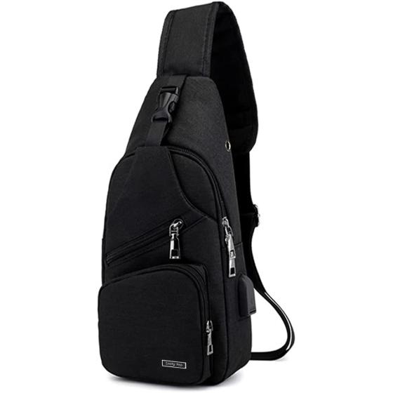 Men Women Sling Backpack Anti Theft Crossbody Shoulder Chest Bag with USB Charging Port Black