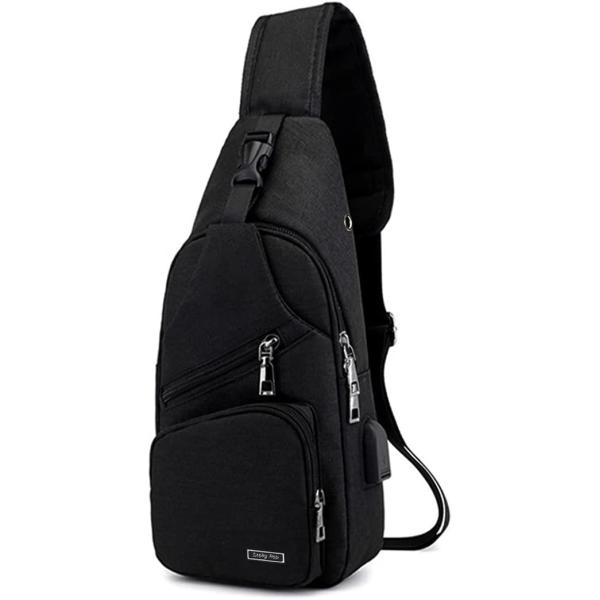 Men Women Sling Backpack Anti Theft Crossbody Shoulder Chest Bag with USB Charging Port Black
