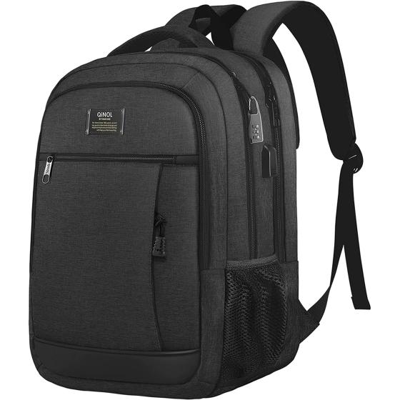 QINOL Travel Laptop Backpack Anti-Theft Work Bookbags With Usb Charging Port, Water Resistant 15.6 Inch College Computer Bag for Men Women, Black