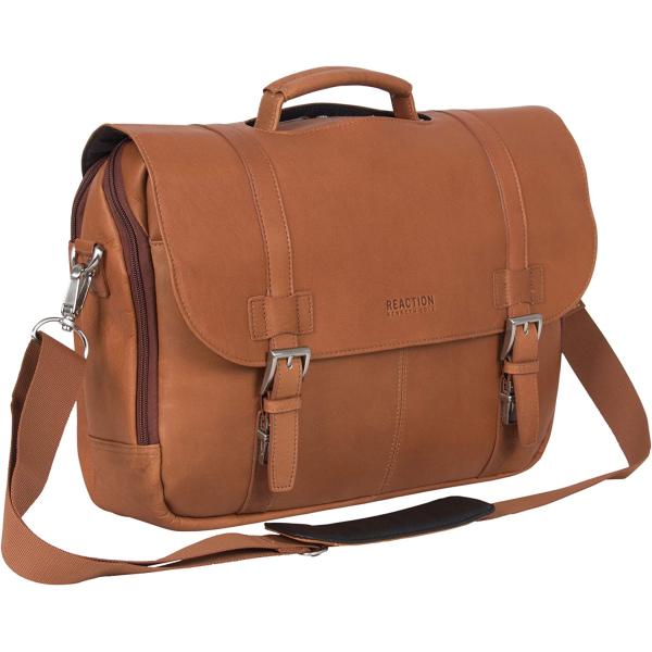 Kenneth Cole Reaction Show Business Full-Grain Colombian Leather Dual Compartment Flapover 15.6-inch Laptop Business Portfolio, Cognac