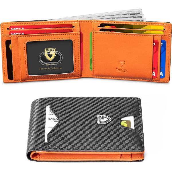 GSOIAX Mens Slim Wallet for Men Minimalist Genuine Leather Carbon Fiber Rfid Blocking Cowhide Bifold Credit Card Holder With Gift Box (Carbon Black and Orange)