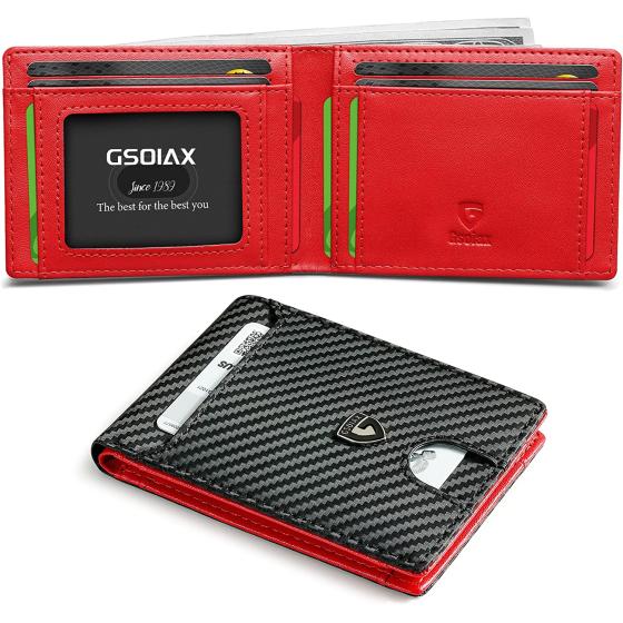 GSOIAX Mens Slim Wallet RFID Blocking Bifold Carbon Fiber Thin wallets for men Minimalist Genuine Leather Card Holder Money Clip with Gift Box (Carbon Black and Red)