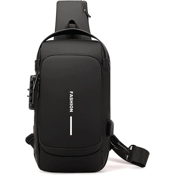 Dwenles Anti theft Crossbody Sling Bag,Waterproof Chest Daypack with USB Charging, Shoulder Backpack for Men Women (Black)