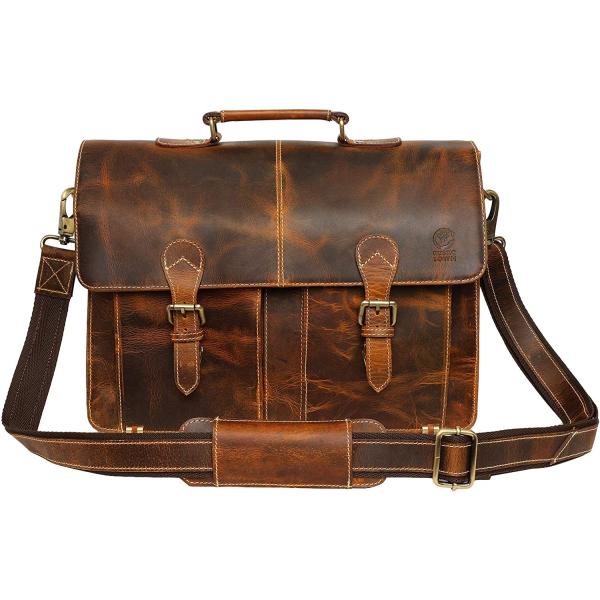 RUSTIC TOWN Handmade Leather Shoulder Briefcase Messenger Bag Mens 16 inch Laptop Satchel