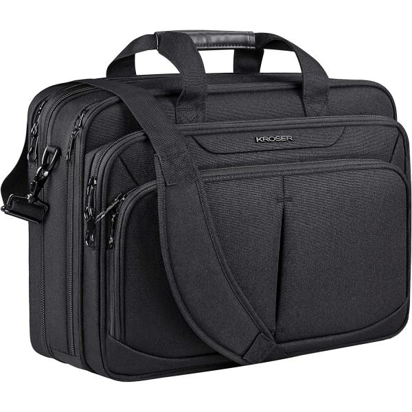 KROSER Laptop Bag Expandable Lightweight Briefcase for 17.3" Laptop Premium Business Work Bag Water-Repellent Messenger Bag with RFID Pockets for School/Travel/Women/Men-Black