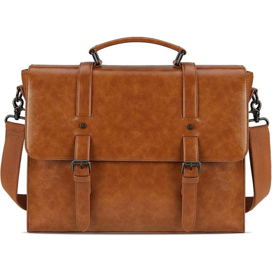 Leather Mens Messenger Bag Vintage 15.6 Inch Waterproof Leather Laptop Briefcase Large Satchel Shoulder Bag Retro Office College Computer Laptop Bag, Brown