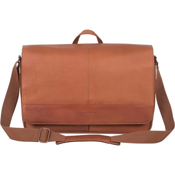 Kenneth Cole REACTION Manhattan Messenger Shoulder Satchel Bag Colombian Leather Laptop Computer & Tablet Travel Briefcase, Brown