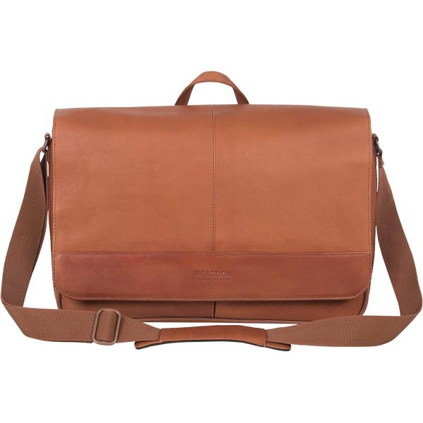 Kenneth Cole REACTION Manhattan Messenger Shoulder Satchel Bag Colombian Leather Laptop Computer & Tablet Travel Briefcase, Brown