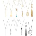 Hicarer 12 Pieces Long Pendant Necklace Set Y Tassel Leaf Circle Bar Necklace for Women