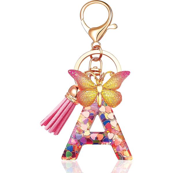 JINGUAZI Initial letter Keychains for Women Tassel Butterfly Pink Purple Cute Car Keychain for Wallet Purses Backpack