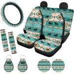 ZFRXIGN Southwestern Horse Car Seat Covers Full Set for Women Car Steering Wheel Cover, Seat Belt Pad Car Accessories SUV Trunk Turquoise Keychains Cup Mats Native American Aztec
