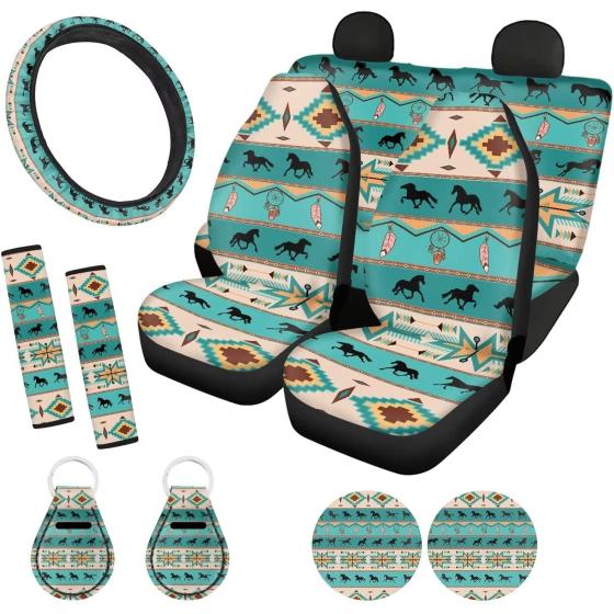 ZFRXIGN Southwestern Horse Car Seat Covers Full Set for Women Car Steering Wheel Cover, Seat Belt Pad Car Accessories SUV Trunk Turquoise Keychains Cup Mats Native American Aztec