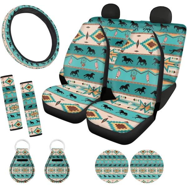 ZFRXIGN Southwestern Horse Car Seat Covers Full Set for Women Car Steering Wheel Cover, Seat Belt Pad Car Accessories SUV Trunk Turquoise Keychains Cup Mats Native American Aztec