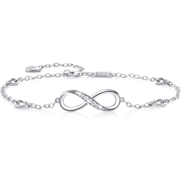 Billie Bijoux Womens 925 Sterling Silver Infinity Anklet Bracelet Endless Love Symbol Charm Adjustable Large Bracelet Mother's Day Gift for Women