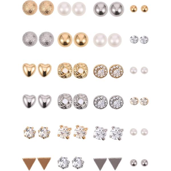 BBTO 24 Pairs Stud Earrings Crystal Pearl Earring Set Ear Stud Jewelry for Girls Women Men, Silver and Gold