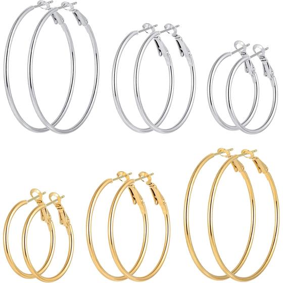 6 Pairs Stainless Steel gold silver Plated Hoop Earrings for Women Girls, Hypoallergenic Hoops Women's Earrings Loop Earrings Set (30.40.50mm)