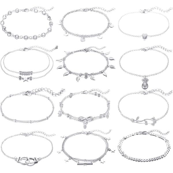 FUNEIA 12/16Pcs Anklets for Women Silver Gold Ankle Bracelets Set Boho Layered Beach Adjustable Chain Anklet Foot Jewelry