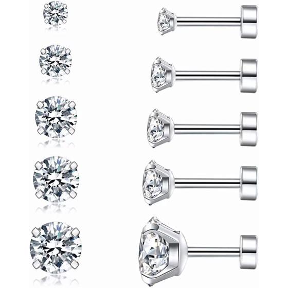 Cubic Zirconia Hypoallergenic Stud Earrings for Women Men Girls Statement Cartilage Fashion Surgical Steel Helix Earrings 5 Pairs