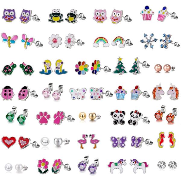 33 Pairs Hypoallergenic Stud Earrings Set for Girls Sensitive Ears With Stainless Steel Post in Vivid Colors and Multi-styles