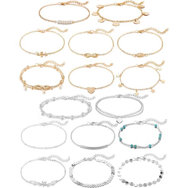 Softones 16Pcs Ankle Bracelets for Women Girls Gold Silver Two Style Chain Beach Anklet Bracelet Jewelry Anklet Set,Adjustable Size