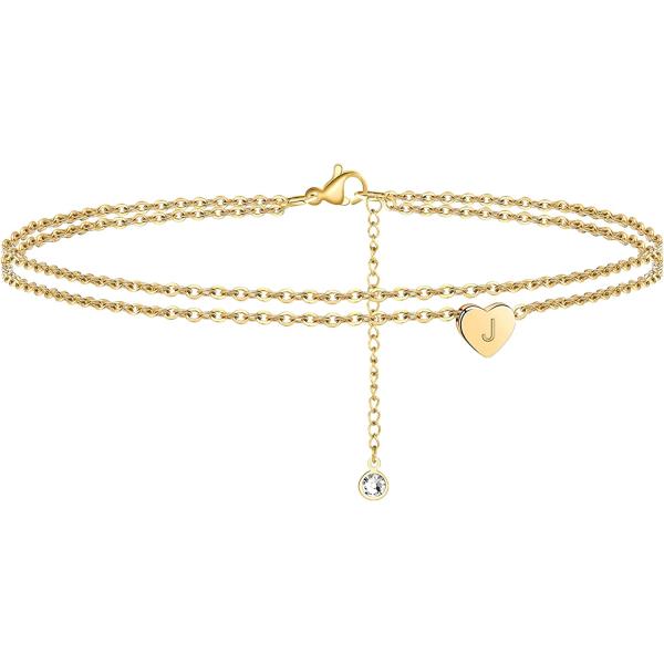 Turandoss Heart Initial Ankle Bracelets for Women, 14K Gold Filled Handmade Dainty Layered Anklet Letter Initial Heart Ankle Bracelets for Women Beach Jewelry Gifts