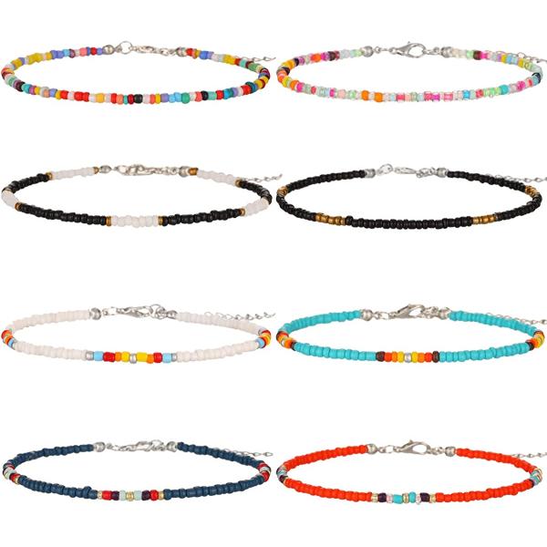 XIJIN 8Pcs Handmade Beaded Anklets for Women Girls Boho Colorful Beads Ankle Bracelets Adjustable Foot Anklet Set
