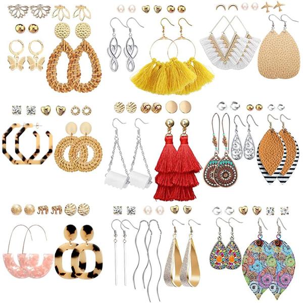 47 Pairs Fashion Earrings for Women Girls, Boho Statement Tassel Rattan Leather Earrings Butterfly Acrylic Hoop Stud Drop Dangle Earrings Set, Hypoallergenic for Sensitive Ears