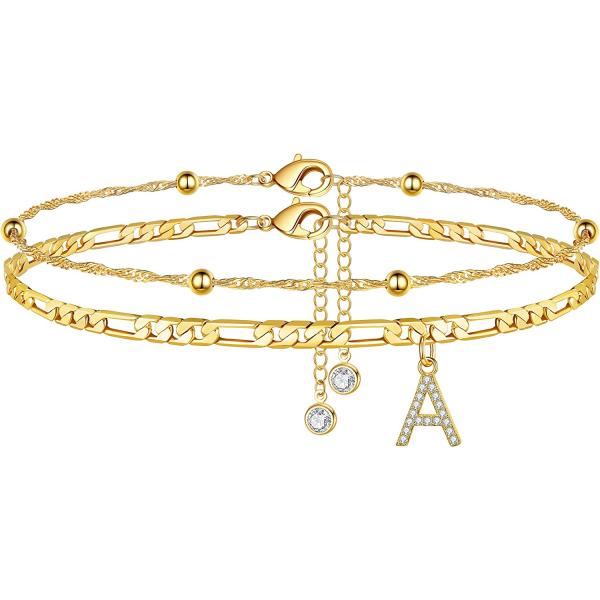 Ursteel Ankle Bracelets for Women, 14K Gold Plated Dainty Layered Figaro Chain CZ Initial Anklets Summer Jewelry Gifts for Women Teen Girls