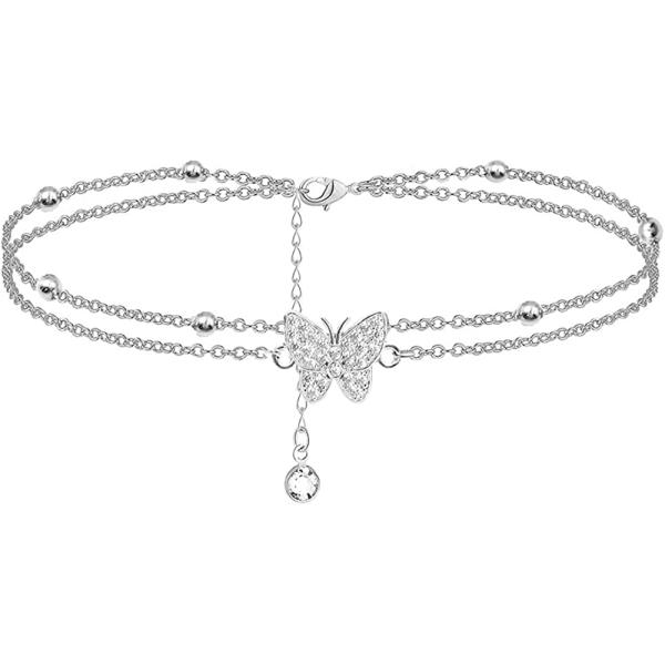 14K Butterfly Silver anklets for Women - Adjustable Layered Women's anklets - Jewelry Anklet Gifts for Women Teen Girls
