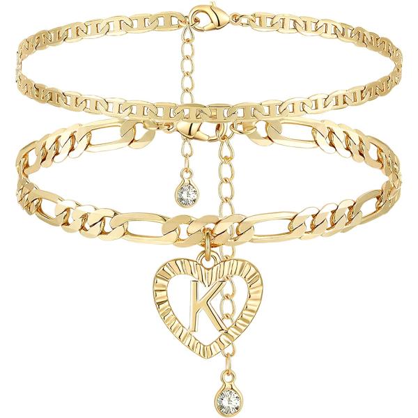 YANODA Initial Ankle Bracelets for Women 14K Gold Plated Layered Figaro Chain Letter Initial Anklets Handmade Layered Heart Ankle Bracelets Personalized Gifts for Women Teen Girls