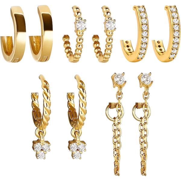 5 Pairs Gold Silver Huggies Hoop Earrings Set for Women Girls Small Dangle Chain Hoop Earrings Jewelry for Gifts