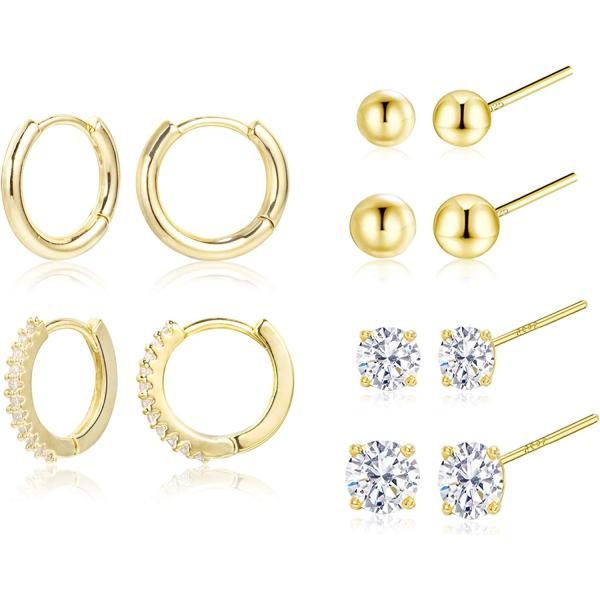 Earring Sets for Multiple Piercing | 14K Gold Plated Studs Earrings and Hoops Set Hypoallergenic Small Hoop CZ Ball Studs Earrings for Women Girls（6 Pairs）