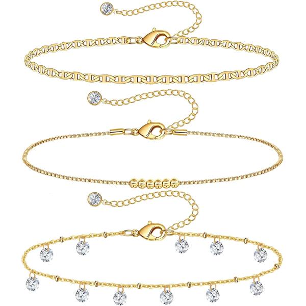 Gold Ankle Bracelets for Women 14k Gold Plated Anklet Silver Rose Gold Evil Eye Tennis Crystal Cubic Zirconia Faux Diamond Rhinestone Anklet Dainty Layered Anklet Set 3Pcs