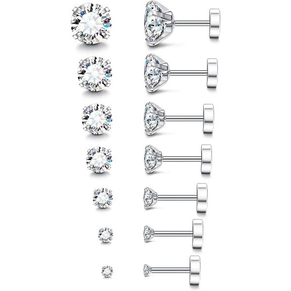 Fansilver 7-12Pairs 20G Hypoallergenic Brithstone Stud Earrings for Women Men Flatback Earrings Stainless Steel Cubic Zirconia Earrings Piercing Ear Cartilage