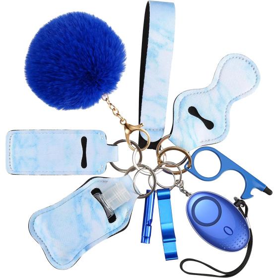 AMIR Safety Keychain Set for Women and Kids, 10 Pcs Safety Keychain Accessories, Self Defense Keychain Set for Girls with Safe Sound Personal Alarm, No Touch Door Opener, Whistle and Pom, Blue