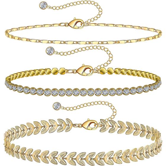 Gold Ankle Bracelets for Women 14k Gold Plated Anklet Silver Tennis Rose Quartz Cross Bead Herringbone Snake Paperclip Chain Cubic Zirconia Dainty Layered Anklet Set 3Pcs