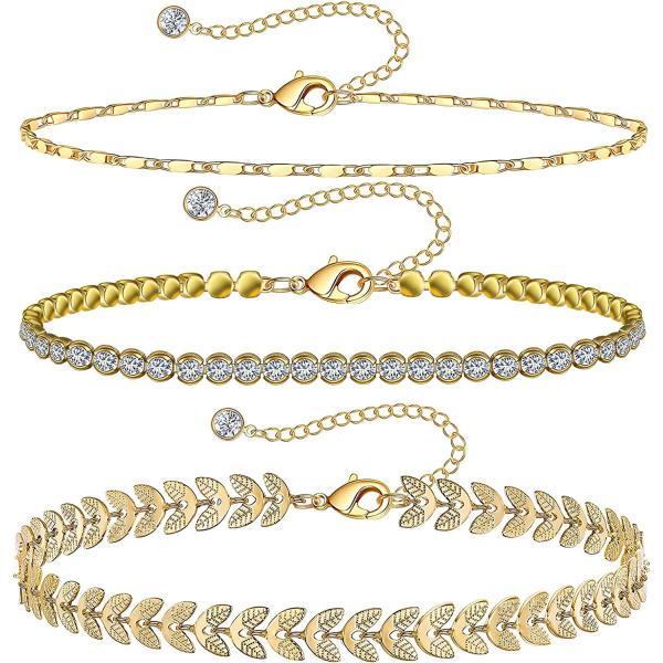 Gold Ankle Bracelets for Women 14k Gold Plated Anklet Silver Tennis Rose Quartz Cross Bead Herringbone Snake Paperclip Chain Cubic Zirconia Dainty Layered Anklet Set 3Pcs
